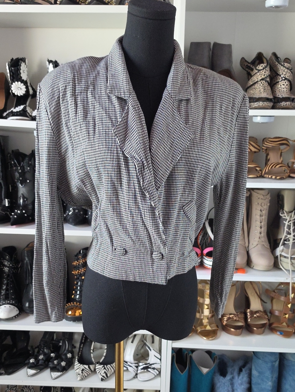 Vintage Leger Black & White Houndstooth Cropped Blazer